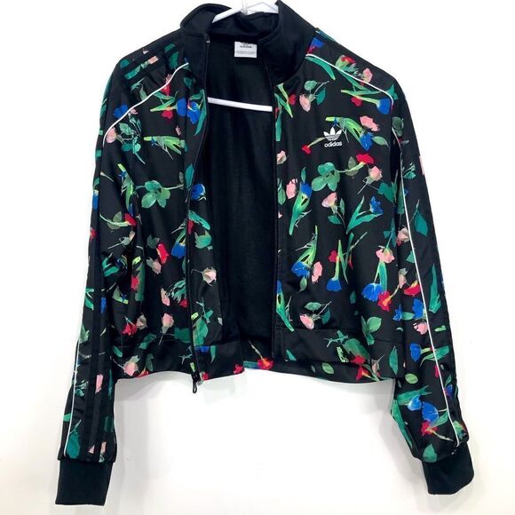 Adidas Originals BELLISTA Black Floral Print Cropped Trefoil Track Jacket - Picture 9 of 16